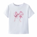 T-shirt blanc en coton pour femme avec un grand imprimé nœud rose aquarelle devant - Blanc avec noeud rose