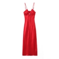 Elegante abito midi in raso rosso con volant e dettaglio con lacci sul davanti - XS / Rosso