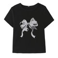 Camiseta negra de cuello redondo para mujer con estampado de lazo plateado sedoso - XS / Negro Con Lazo Gris
