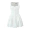 White sleeveless pleated mini dress with square neck and corset-style bodice details - S / White