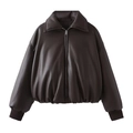 Kurze wattierte dunkelbraune Kunstlederjacke mit großem Kragen und Rippbündchen - S / Braun