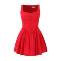 French square neck sleeveless pleated red corset style maxi dress for women - S / Red