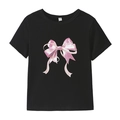 Camiseta negra de mujer con estampado de lazo rosa y cuello redondo casual chic - XS / Negro con lazo rosa