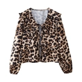 Camicia leopardata a maniche lunghe da donna con colletto a balze e lacci a fiocco - S / Stampa leopardata