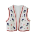 Women's white sleeveless open vest with floral embroidery and bohemian ethnic trim - XS / Embroidered Floral Pattern