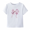 Camiseta blanca de cuello redondo con manga corta y estampado de lazo rosa - XS / Blanco con lazo rosa