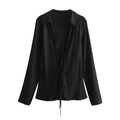Women's black satin long sleeve shirt with bow front tie closure and classic collar - XS / Black