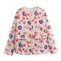Giacca trapuntata vintage da donna con stampe floreali e scollo rotondo beige - S / Stampa