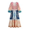 Vestido largo bohemio con cuello en V, estampado patchwork paisley y manga larga verano - S / Como se muestra