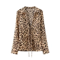 Detail of leopard print satin shirt with V-neckline and delicate front bow tie closures - XS / Leopard Print