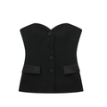 Black bustier top in suit fabric with front buttons and satin flap pocket details - M / Black Top