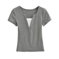 Women's slim fit V-neck ribbed T-shirt in dark grey and white layered style - S / Gray