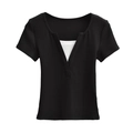 Women's 2024 summer slim fit color block short tee featuring a faux two-piece v-neck design - S / Black