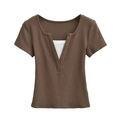 Slim fit ribbed knit t-shirt with v-neck layered design in brown and white - S / Coffee