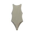 Sleeveless light olive green bodysuit with high-cut design and round neckline - White Green