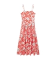 Detalle del vestido floral coral con tirantes finos y diseño de corte en A escalonado - XS / Rojo Coral Floral