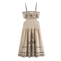 Damen Baumwoll-Leinen Stickerei Sommerkleid mit Taillenausschnitten und Blumenmuster - S / Gebrochenes Weiß