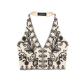 Haut court licou pour femme avec broderie florale noire sur tissu crème à plat - XS / Tops