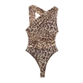 Women's leopard print bodysuit with asymmetrical pleats and a criss-cross neckline - Leopard Print