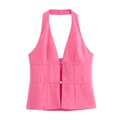 Women street fashion bright pink halter top with deep V-neck and silver buckles - S / Rose Red