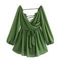 Elegant dark green V-neck lantern sleeve dress with open back and tie waist details - S / Green
