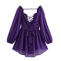 Elegant deep purple V-neck dress with open back and lanterns sleeves on white background - S / Purple
