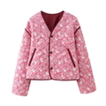 Pink quilted cotton jacket for women featuring paisley print and elegant V-neck design - S / Pink