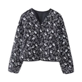 Women's black quilted jacket with white paisley print and minimalist V-neck design - S / Black
