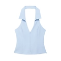 Top halter azul claro con solapa y corte ajustado para la moda de verano para mujer - XS / Azul claro