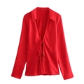 Elegant bright red long-sleeved satin blouse with a front bow-tie closure and lapel collar - XS / Red