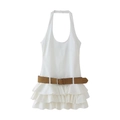 Elegant white halter neck dress with brown belt and layered ruffle skirt detail - XS / White