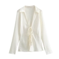 Elegant cream white satin shirt with deep V-neck and decorative front tie bow detail - XS / White