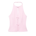 Top allacciato al collo rosa con spacco verticale e tre fiocchi decorativi su bianco - XS / Rosa
