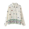 Damenbluse aus weißem Baumwollleinen mit bunten Blumenstickereien und Langarm - XS / Hemd