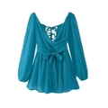 Detail view of teal V-neck dress featuring lantern sleeves and waist bow tie closure - Blue