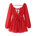 Detailed back view of red chiffon dress with lace-up back design and waist tie - Red