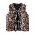 Gilet imbottito con stampa leopardata, fiocchi decorativi e fodera calda per donna - S / Stampa leopardata