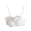Elegant white satin crop top with 3D floral roses and delicate spaghetti straps - S / White