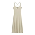 Robe longue en tricot crème avec col rond, boutons déco et dos croisé à lanières - S / Beige