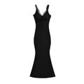 Detailed close-up of the V-neckline with delicate eyelash lace and bow on a black dress - S / Black