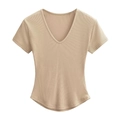 Slim fit V-neck ribbed knit T-shirt for women featuring a curved hem in beige color - S / Khaki