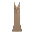 Slim fit khaki bodycon maxi dress with lace V-neck and elegant fishtail hem - S / Khaki