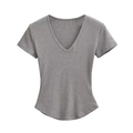 Slim fit grey ribbed knit V-neck T-shirt for women with curved hemline design - Gray