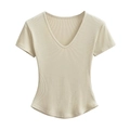 Slim fit beige V-neck rib-knit T-shirt with curved hem for women in summer - S / Beige