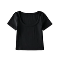 Detalle de camiseta corta negra con cuello en U y diseño minimalista de punto fino - S / Negro