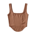 Detail of brown square neck corset vest with boning seams and curved hemline - Caramel color