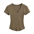 Macro detail of ribbed texture and curved hem on olive green V-neck slim fit T-shirt - S / Army Green