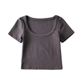Vista detallada de top corto gris oscuro ajustado con cuello en U y costuras finas - S / gris oscuro