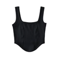 Women's black ribbed square neck corset tank top with curved boning hem detailing - Black