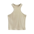 Sleeveless beige ribbed knit halter top featuring a slim fit and racerback design - Beige